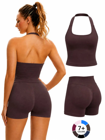 Women'S Yoga 2-Piece Set, Breathable Sporty Halter Top & High-Waisted Seamless Butt-Lift Shorts, Plain Color Athletic Seamless Yoga Outfits
