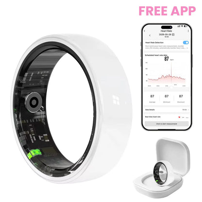 White Ceramic Smart Ring for Men & Women – IP68 Waterproof Health & Fitness Tracker, Sleep, Heart Rate, Stress & Cycle Monitor, Ios & Android Compatible, Charging Case Included