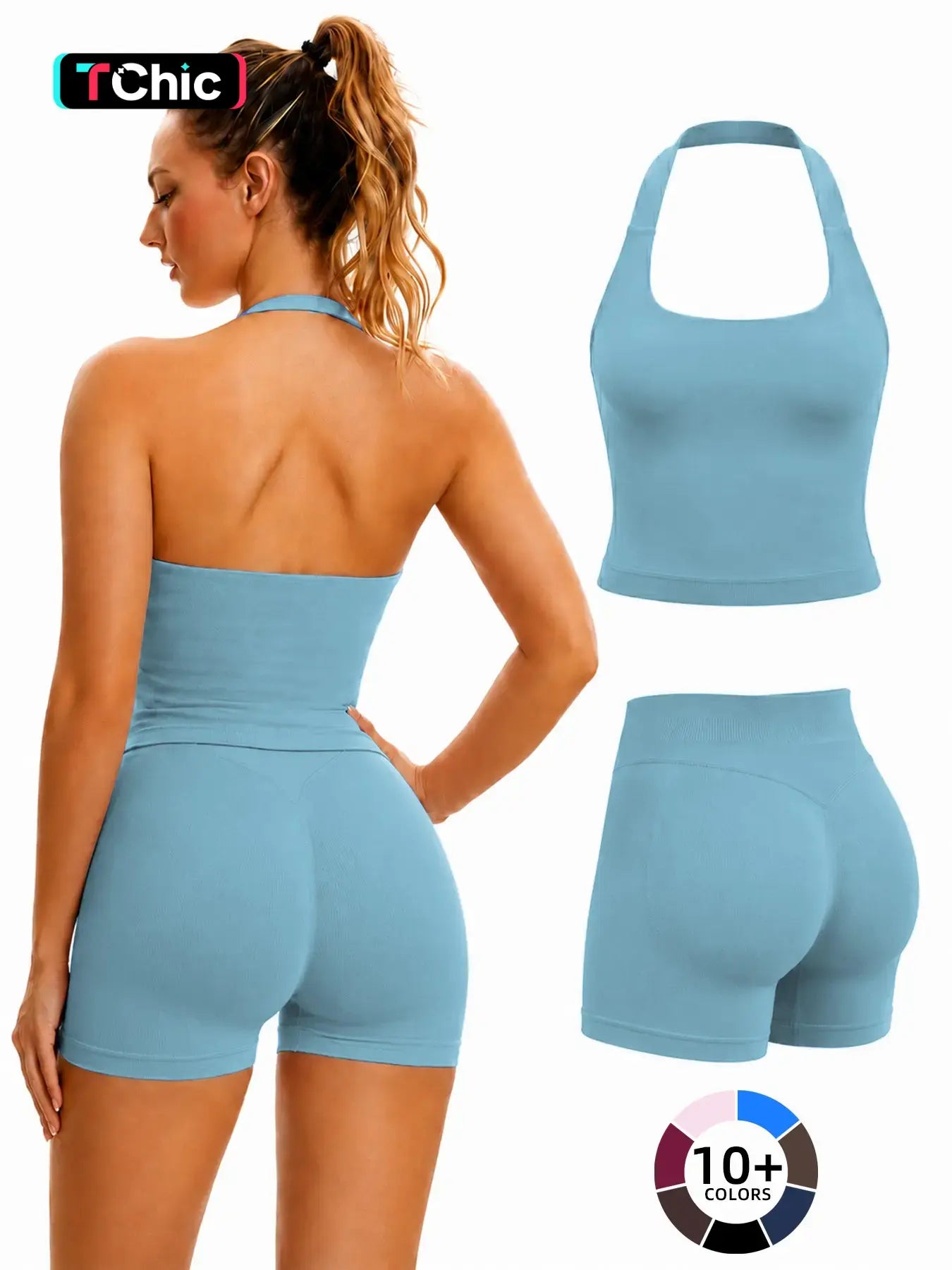 Women'S Yoga 2-Piece Set, Breathable Sporty Halter Top & High-Waisted Seamless Butt-Lift Shorts, Plain Color Athletic Seamless Yoga Outfits