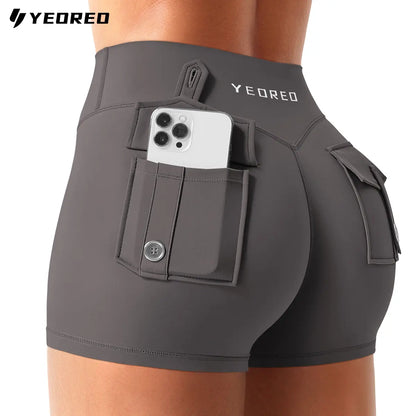 YEOREO Coreflex Women Workout Shorts Low Rise Hidden Scrunch Butt Lifting Cargo Pockets 2.5" Shorts Summerwins