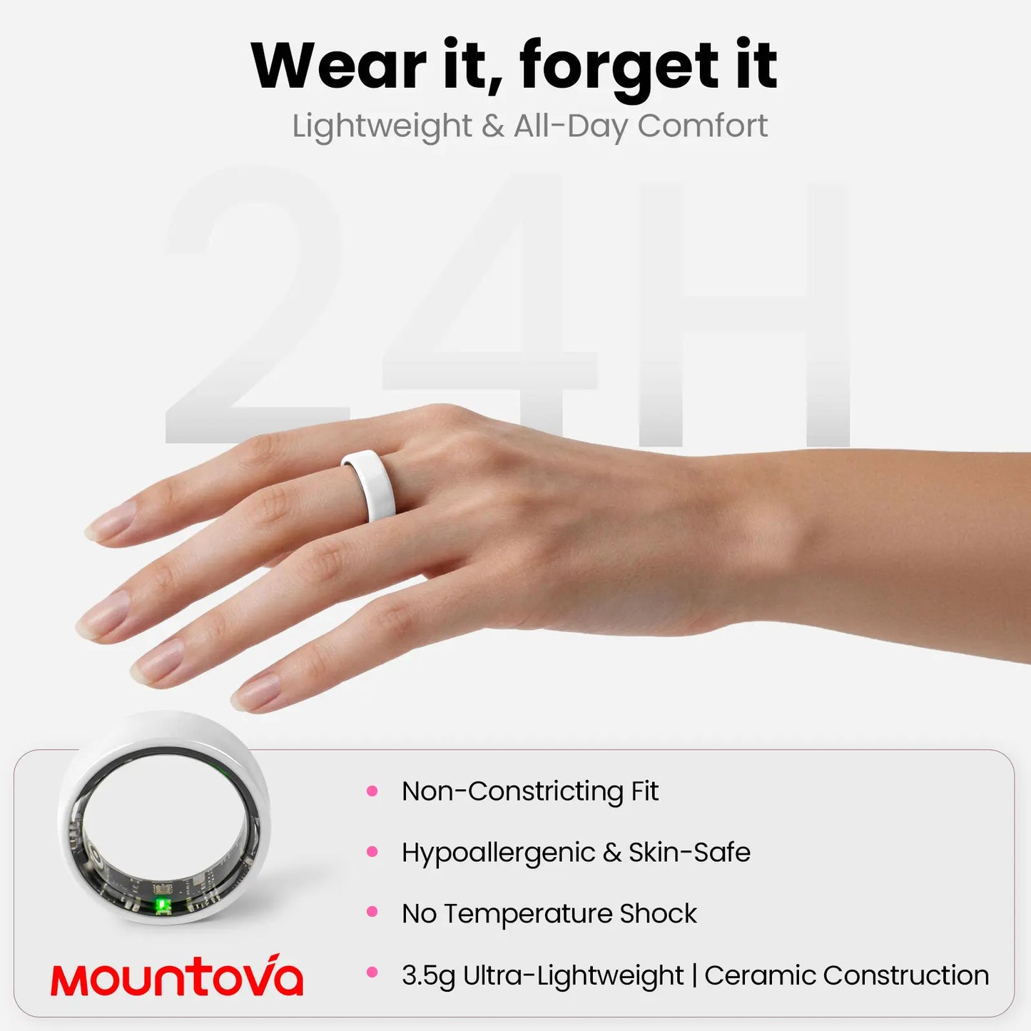 White Ceramic Smart Ring for Men & Women – IP68 Waterproof Health & Fitness Tracker, Sleep, Heart Rate, Stress & Cycle Monitor, Ios & Android Compatible, Charging Case Included